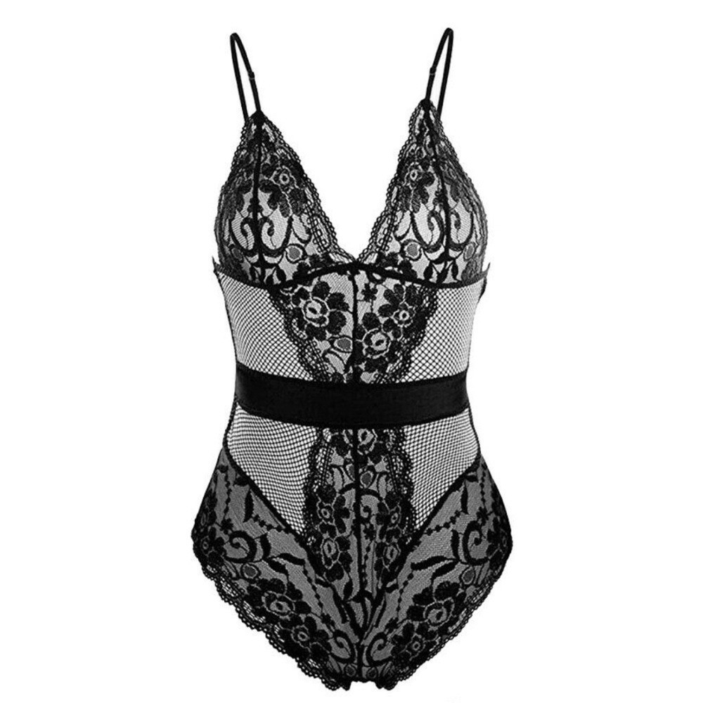 NWT Womens Lace Fishnet Sheer Mesh Teddy Bodysuit Black Romantic Lingerie Size S - Picture 3 of 5